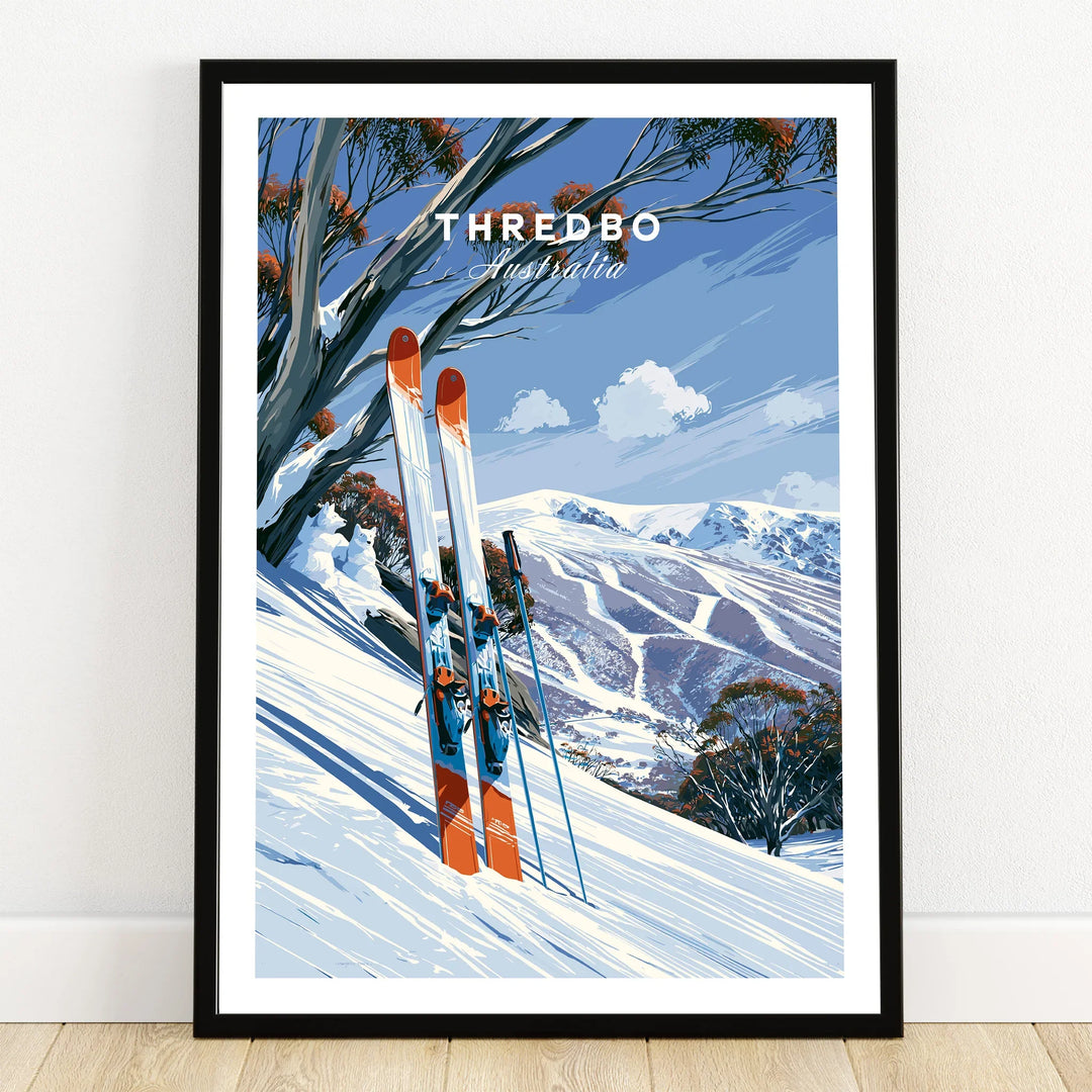 Thredbo Australia Snow Gums Travel Poster — art print in black frame on wooden floor