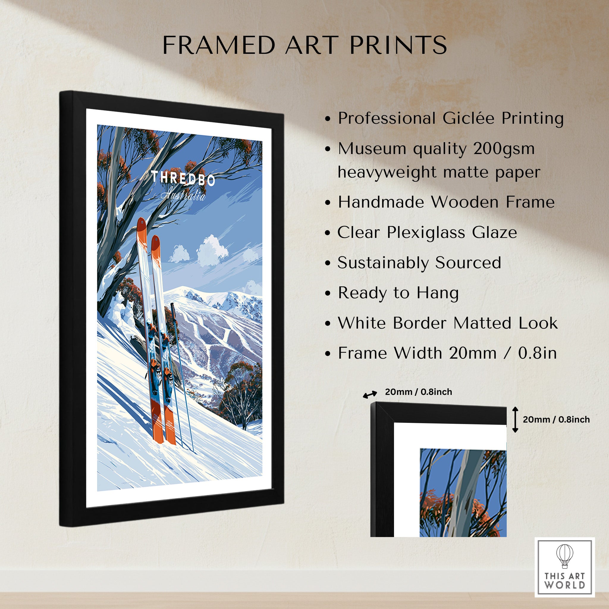 Thredbo Australia Snow Gums Travel Poster — framed print details measurements quality details