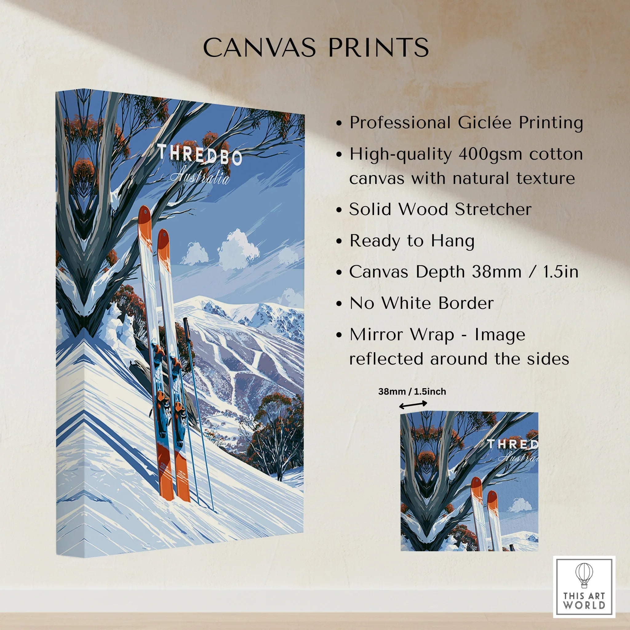 Thredbo Australia Snow Gums Travel Poster — canvas print stretched cotton canvas details