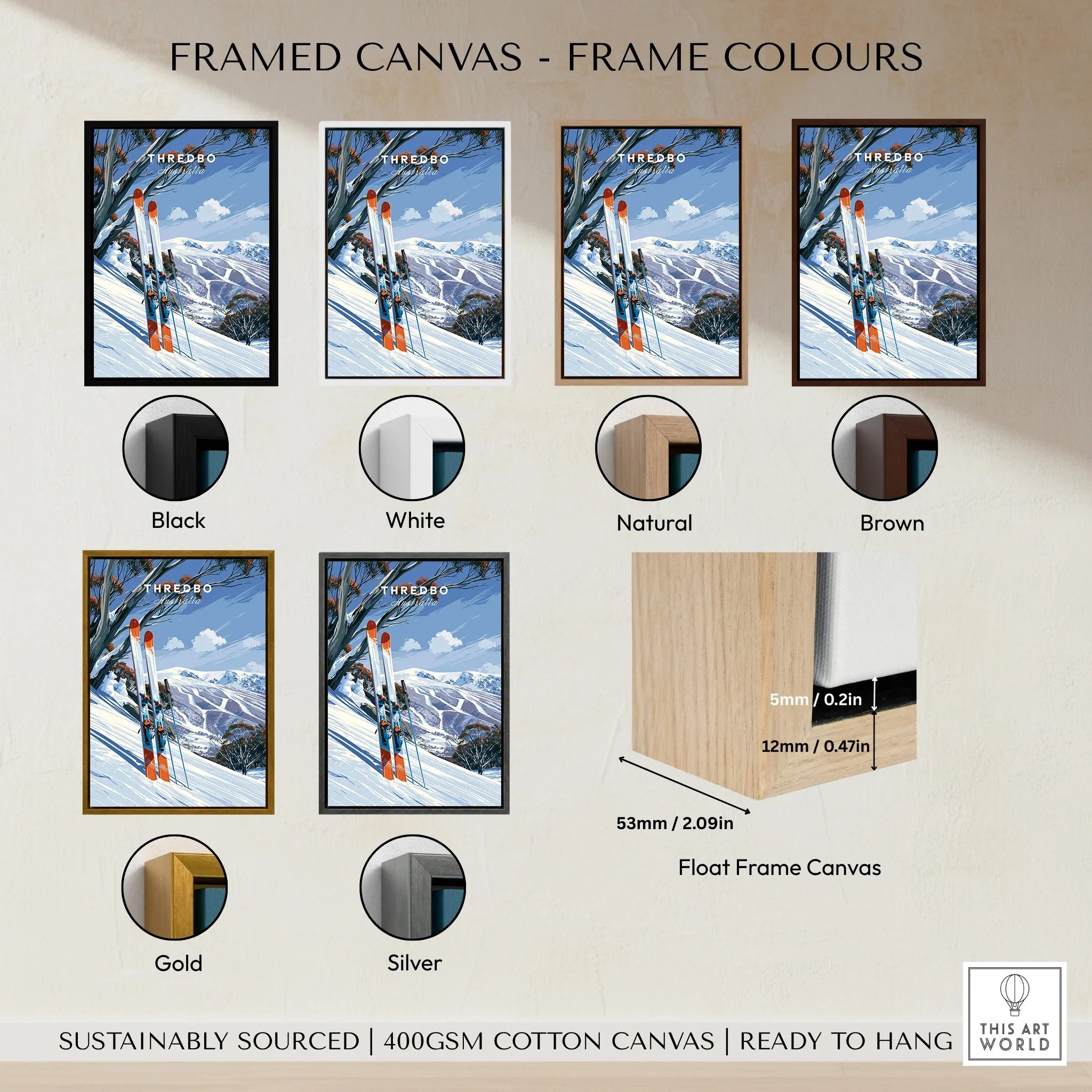 Thredbo Australia Snow Gums Travel Poster — framed canvas float frame colour options