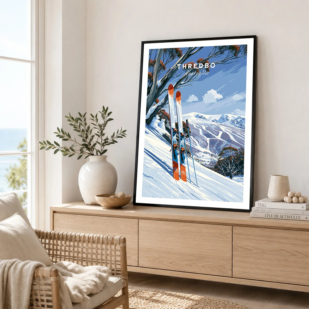 Thredbo Australia Snow Gums Travel Poster — framed artwork living room lifestyle setting