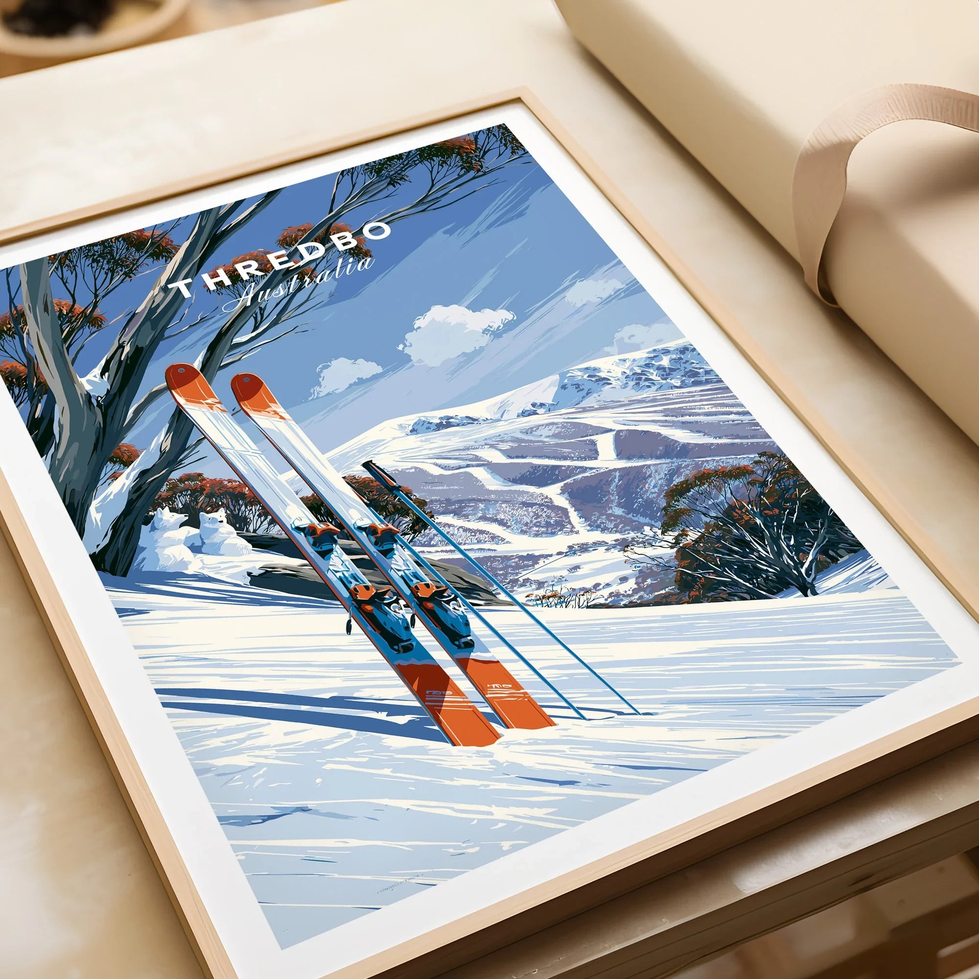 Thredbo Australia Snow Gums Travel Poster — framed art print closeup gift unwrapped natural frame