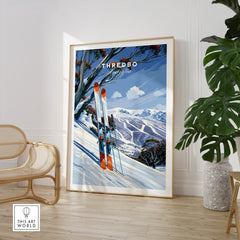 Thredbo Australia Snow Gums Travel Poster — large framed print room setting chair plant