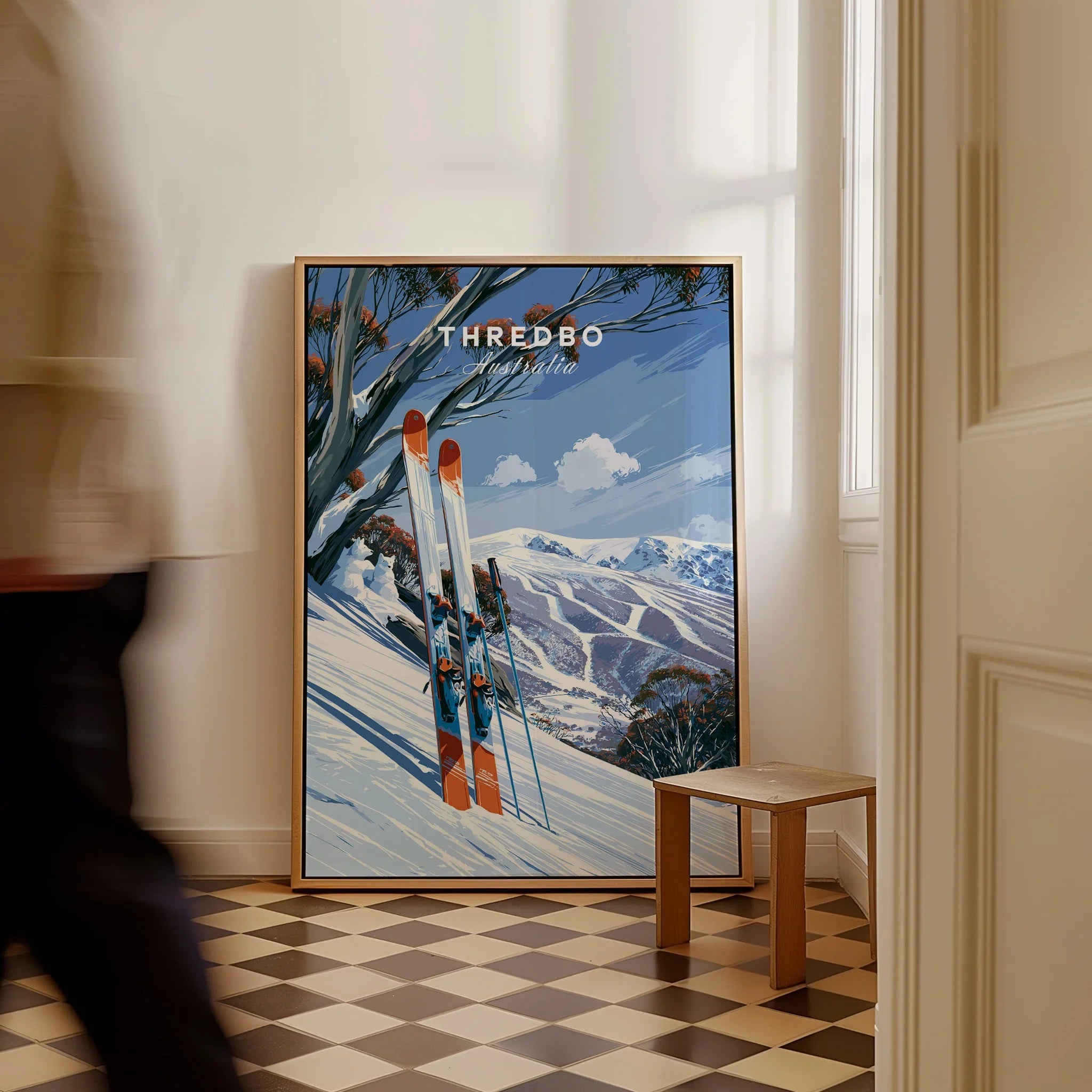 Thredbo Australia Snow Gums Travel Poster — framed canvas on floor man walking past