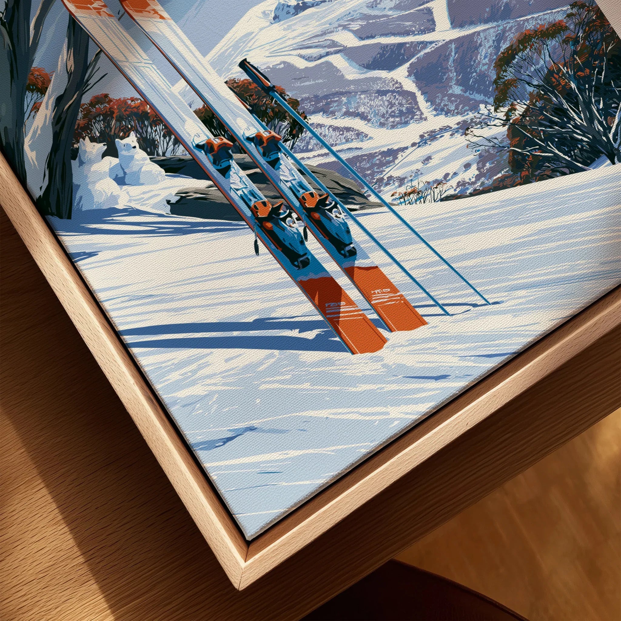 Thredbo Australia Snow Gums Travel Poster — closeup framed canvas natural wood floating frame