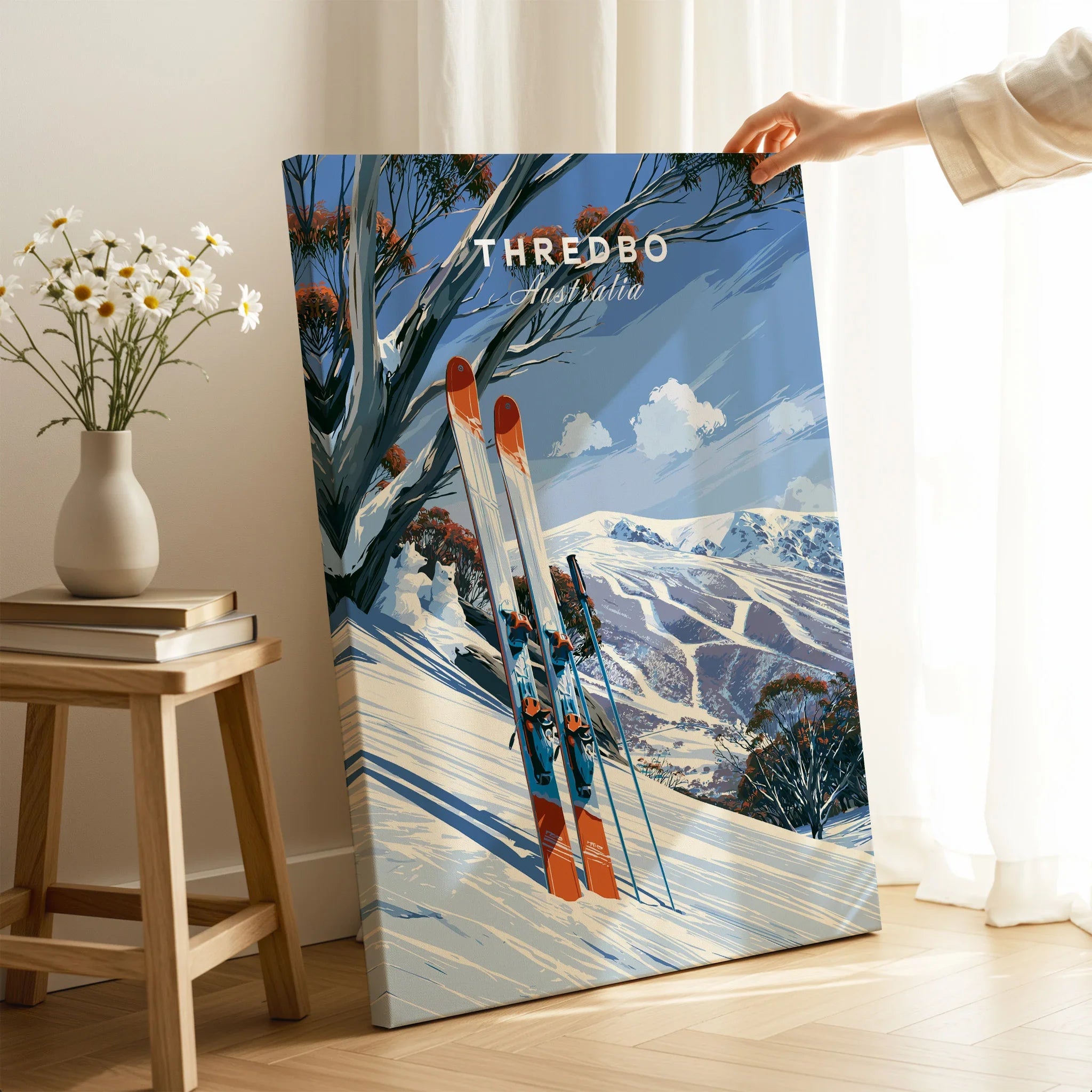 Thredbo Australia Snow Gums Travel Poster — canvas print mirror edge hand holding room setting
