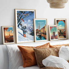 Thredbo Australia Snow Gums Travel Poster — set five framed artprints above bed natural wood frames