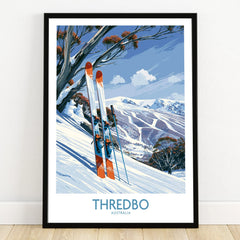 Thredbo Australia Slopes Wall Art — art print in black frame on wooden floor