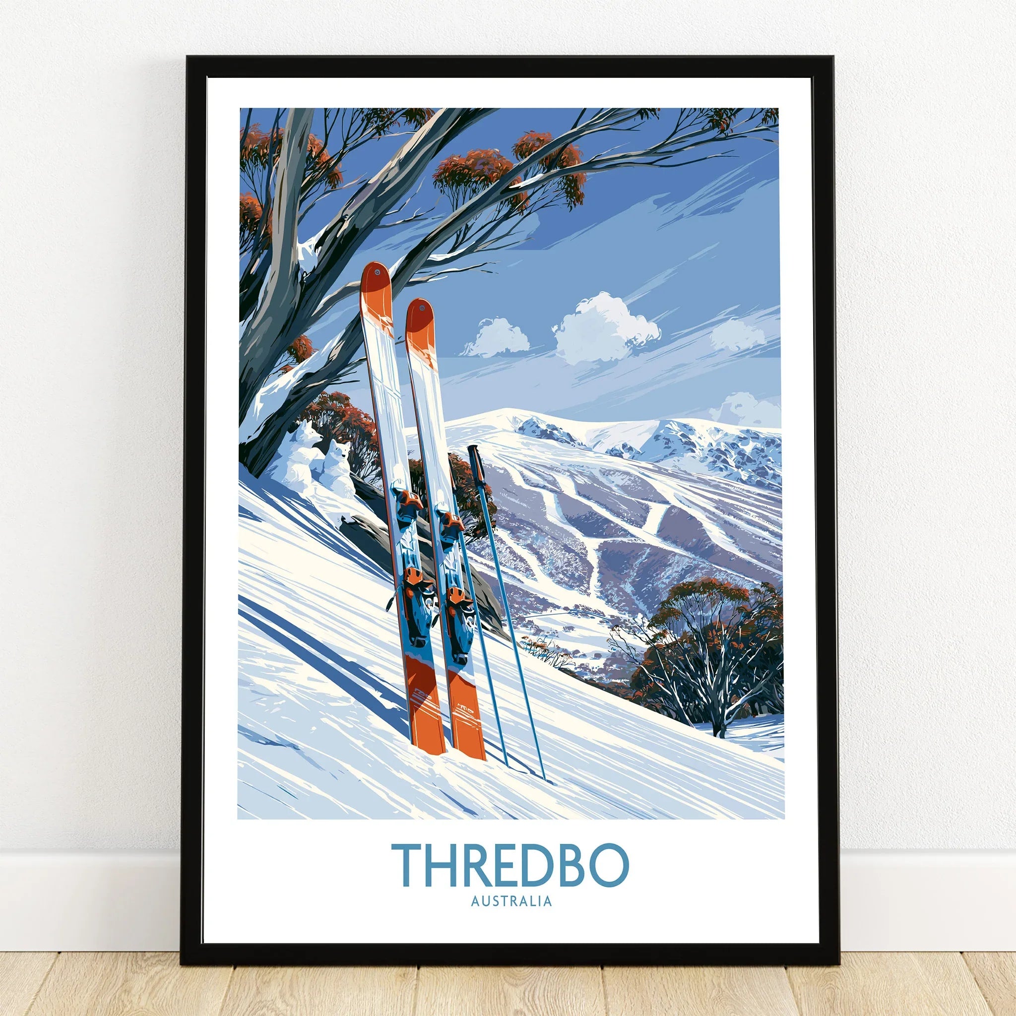 Thredbo Australia Slopes Wall Art — art print in black frame on wooden floor