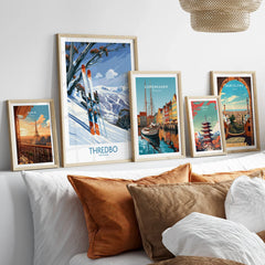 Thredbo Australia Slopes Wall Art — set five framed artprints above bed natural wood frames
