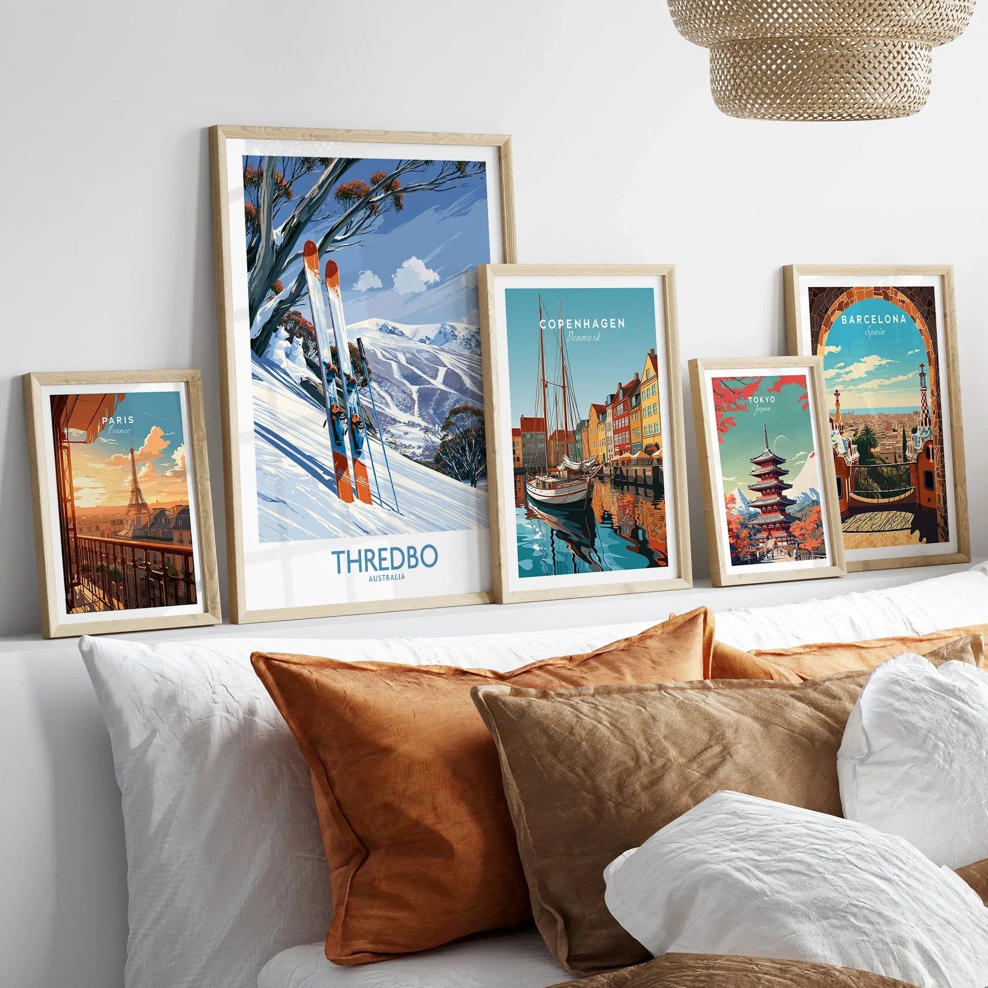 Thredbo Australia Slopes Wall Art — set five framed artprints above bed natural wood frames