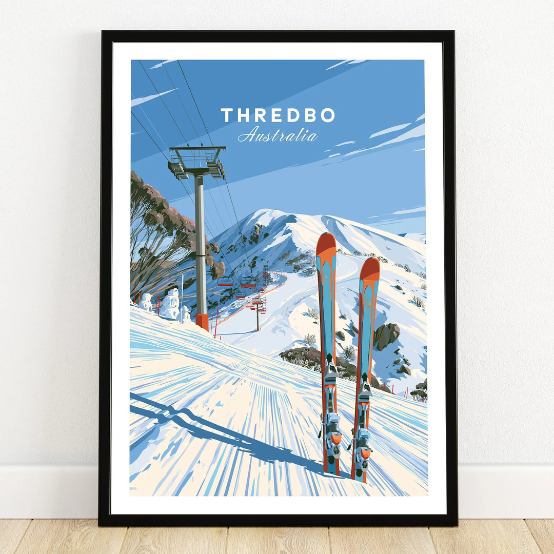 Thredbo Australia Ski Lift Travel Poster — art print in black frame on wooden floor