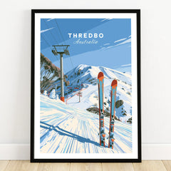 Thredbo Australia Ski Lift Travel Poster — art print in black frame on wooden floor
