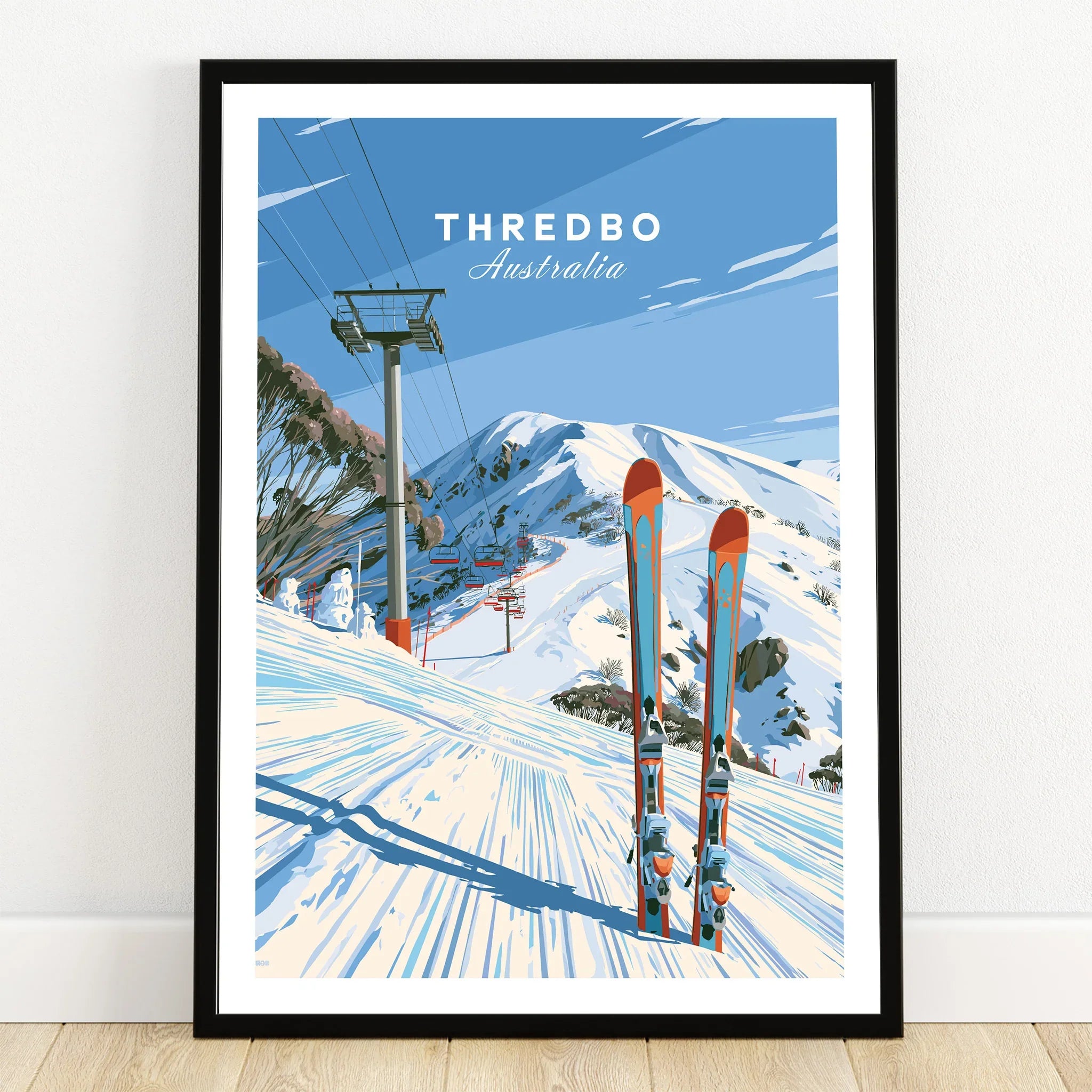 Thredbo Australia Ski Lift Travel Poster — art print in black frame on wooden floor