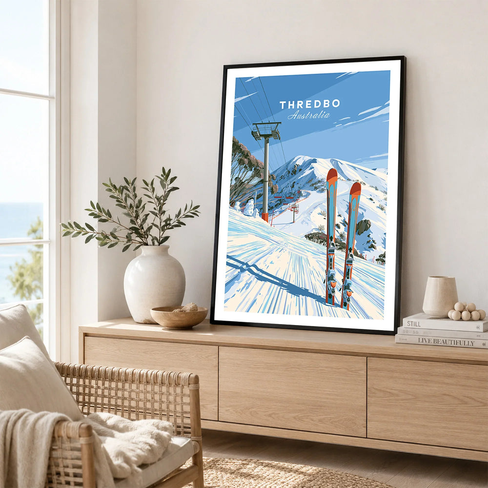 Thredbo Australia Ski Lift Travel Poster — framed artwork living room lifestyle setting
