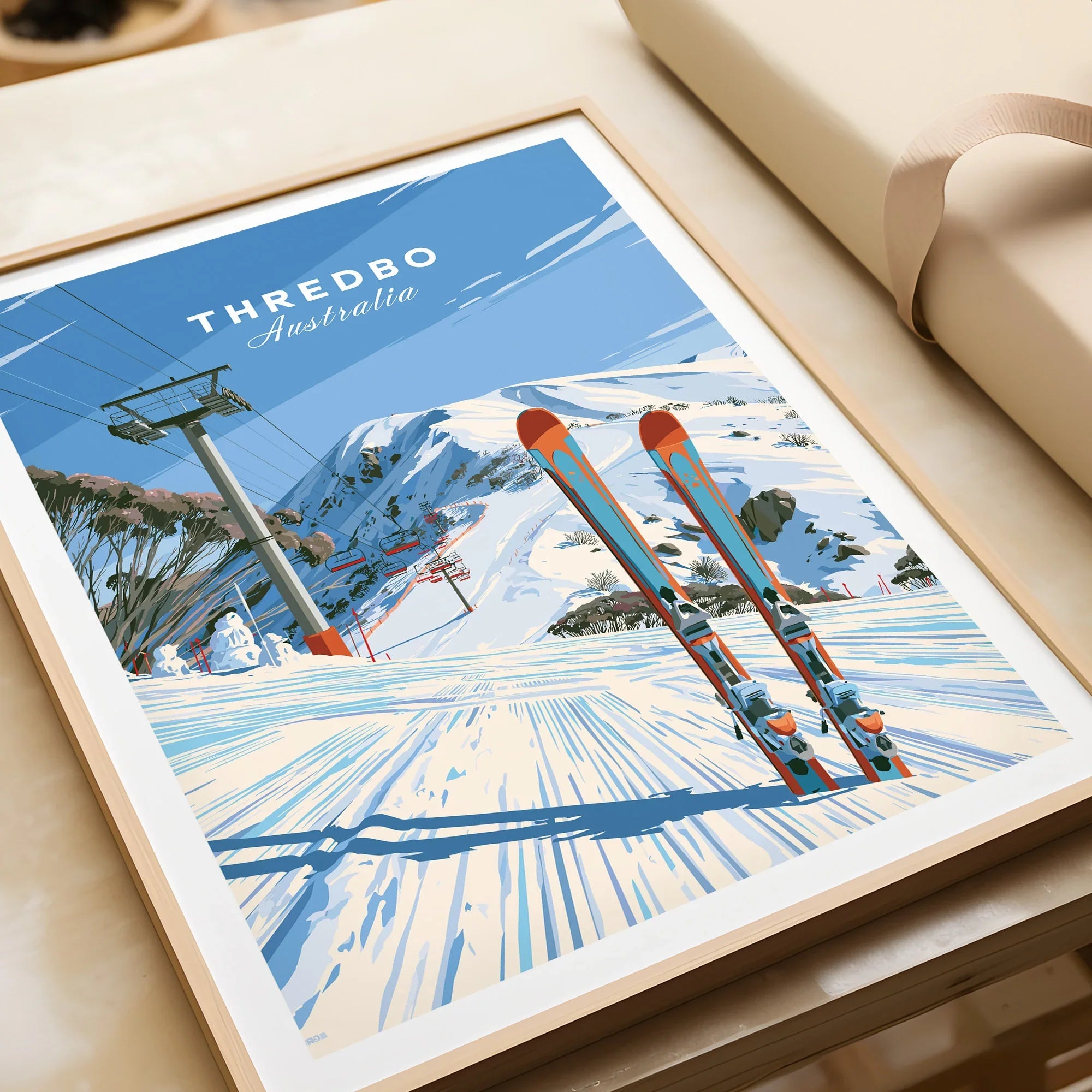 Thredbo Australia Ski Lift Travel Poster — framed art print closeup gift unwrapped natural frame