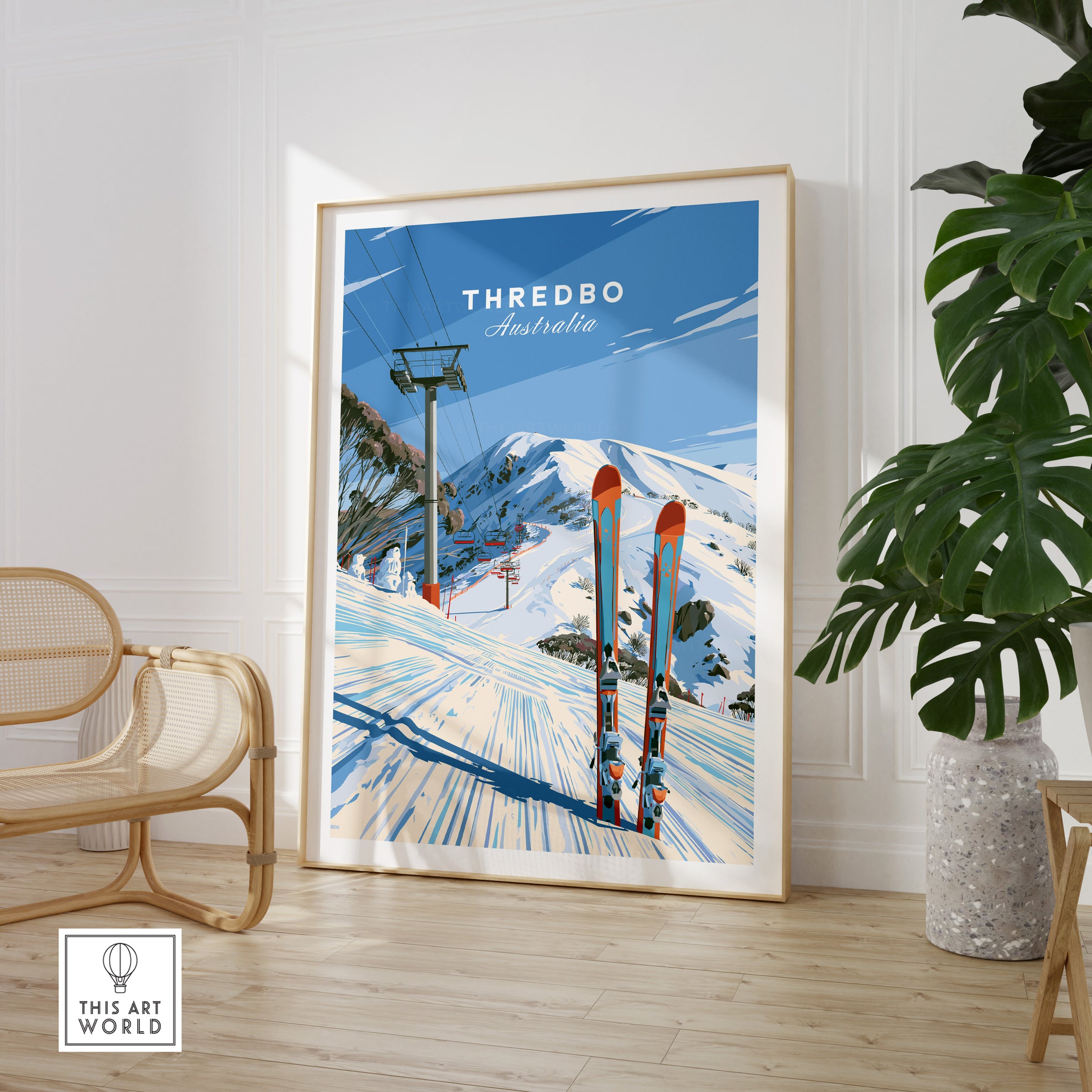 Thredbo Australia Ski Lift Travel Poster — large framed print room setting chair plant