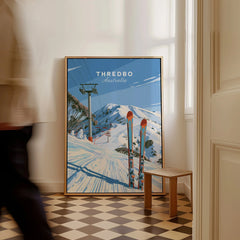 Thredbo Australia Ski Lift Travel Poster — framed canvas on floor man walking past