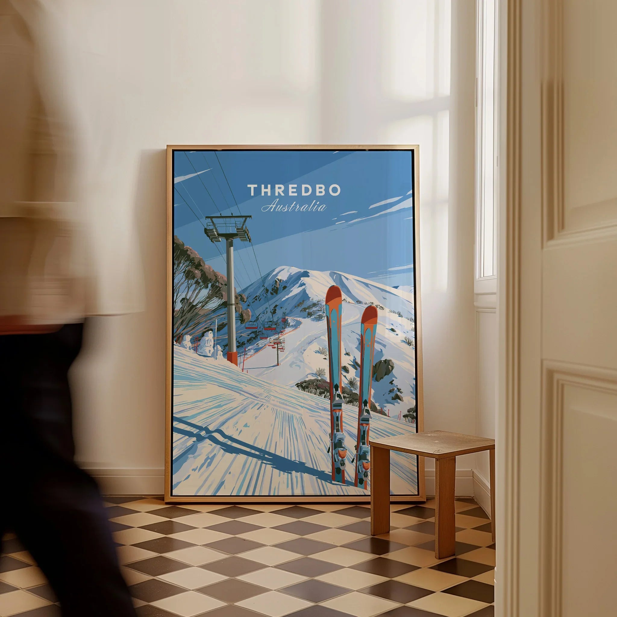 Thredbo Australia Ski Lift Travel Poster — framed canvas on floor man walking past