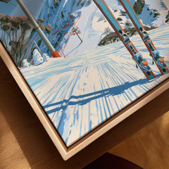 Thredbo Australia Ski Lift Travel Poster — closeup framed canvas natural wood floating frame