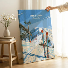 Thredbo Australia Ski Lift Travel Poster — canvas print mirror edge hand holding room setting