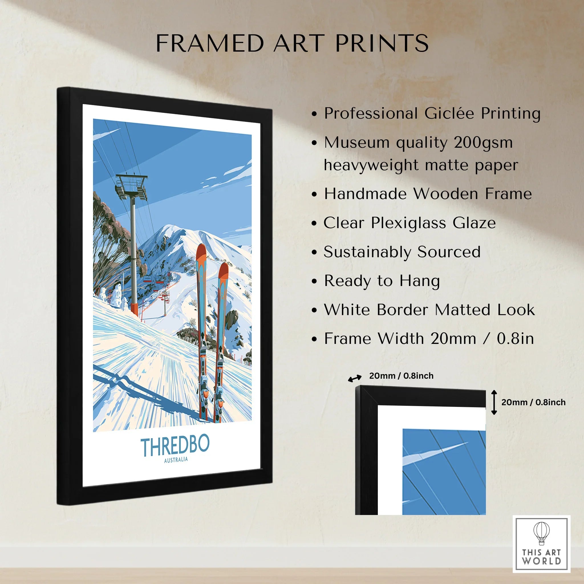 Thredbo Australia Mountains Wall Art — framed print details measurements quality details