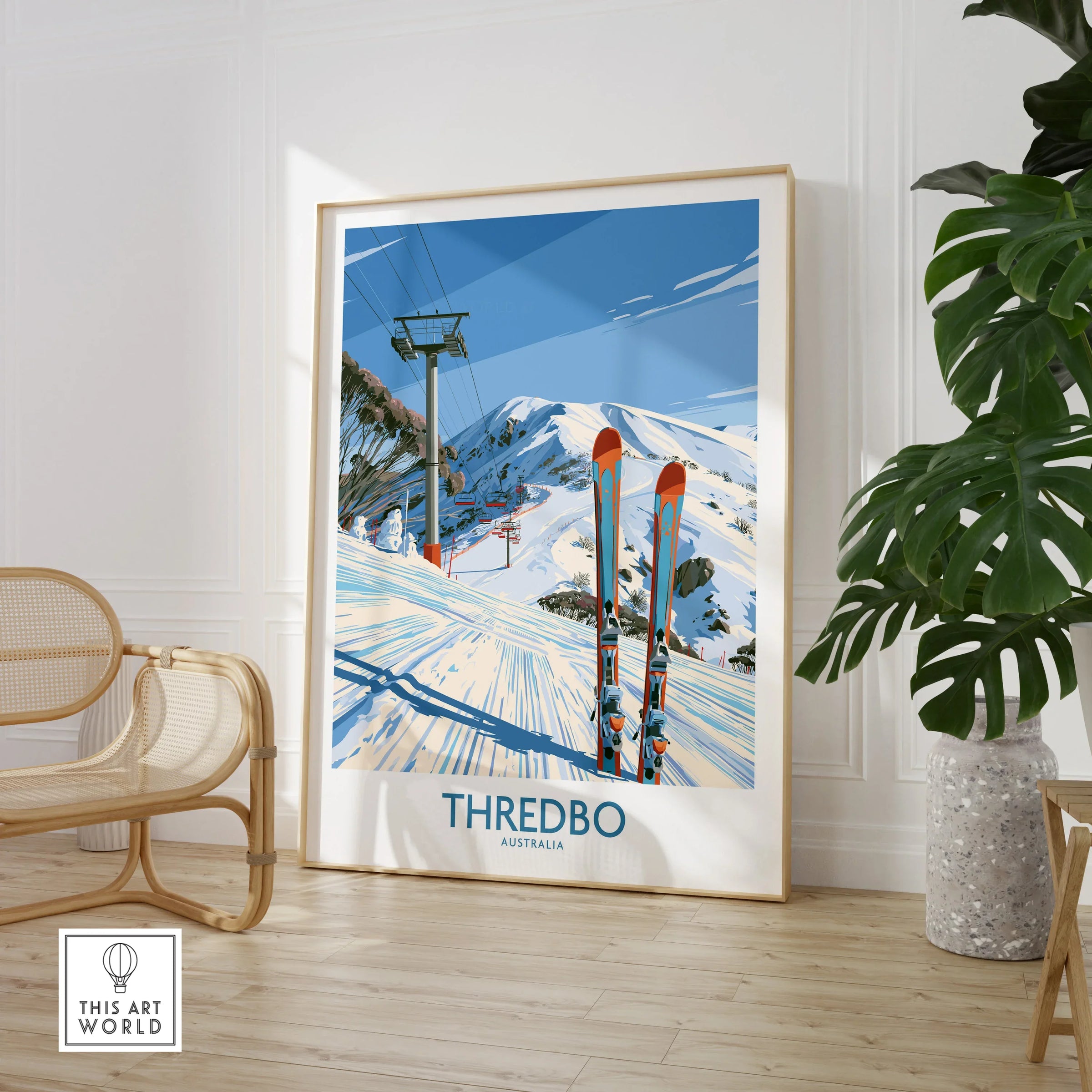 Thredbo Australia Mountains Wall Art — large framed print room setting chair plant