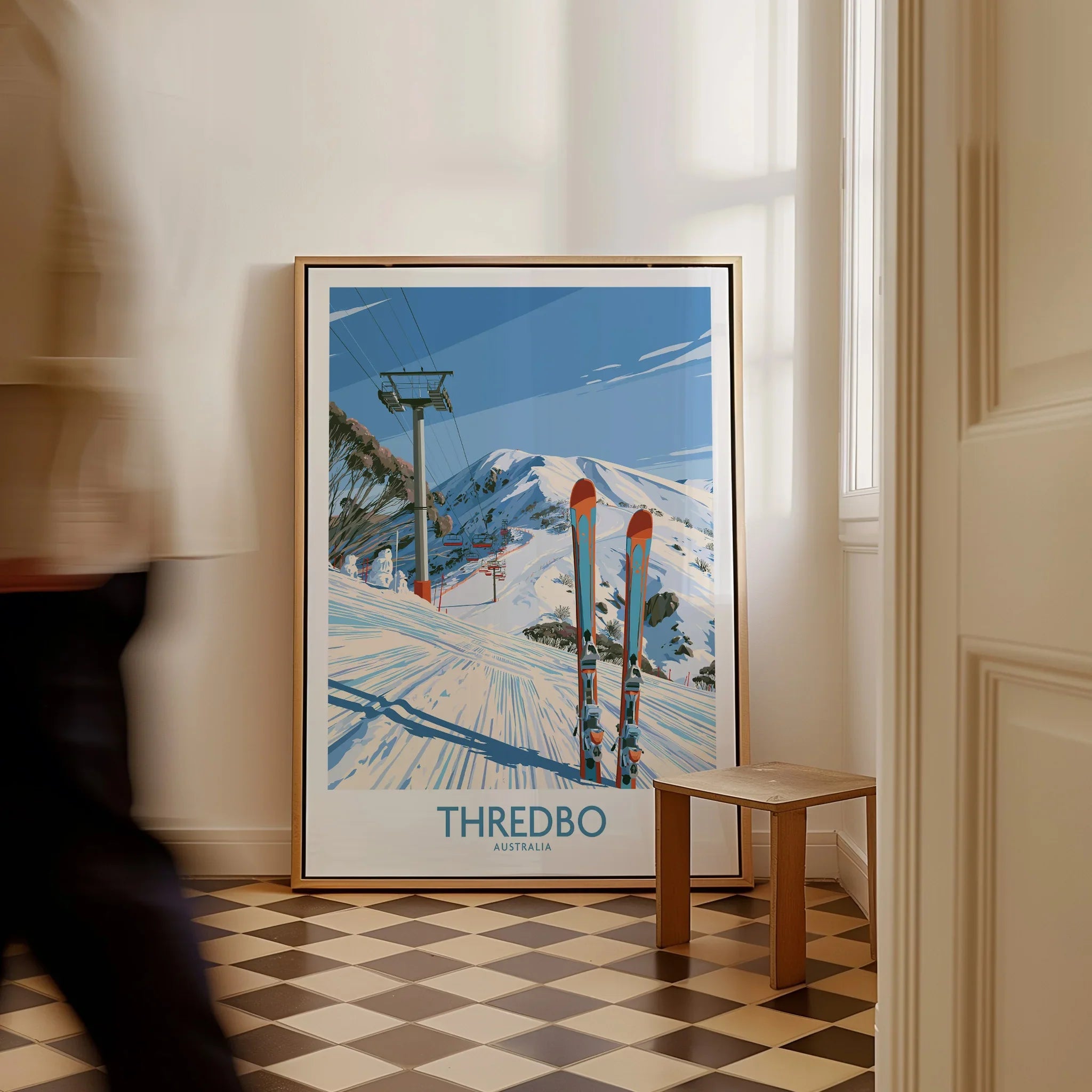Thredbo Australia Mountains Wall Art — framed canvas on floor man walking past