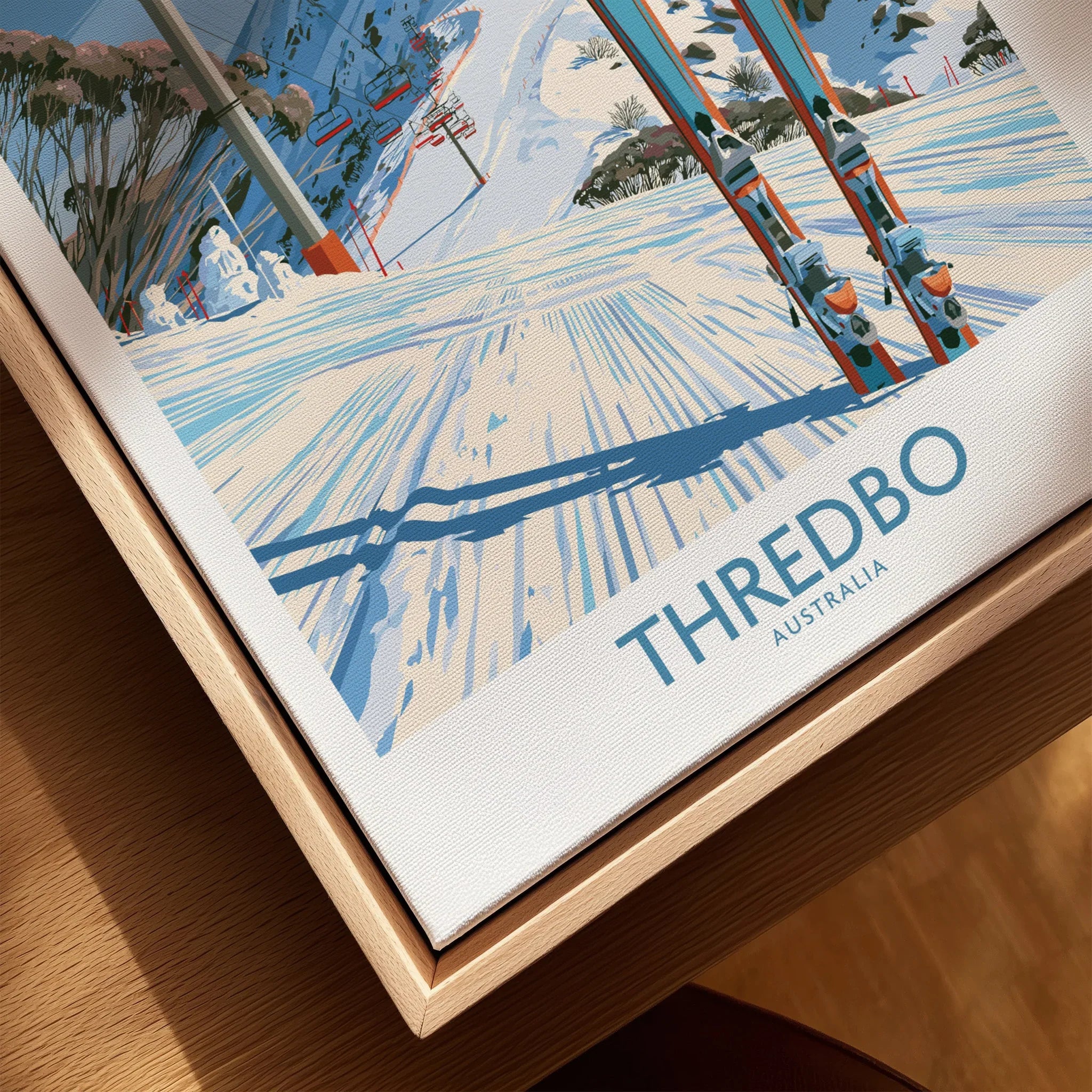 Thredbo Australia Mountains Wall Art — closeup framed canvas natural wood floating frame