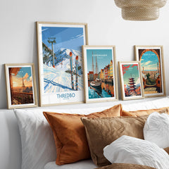 Thredbo Australia Mountains Wall Art — set five framed artprints above bed natural wood frames