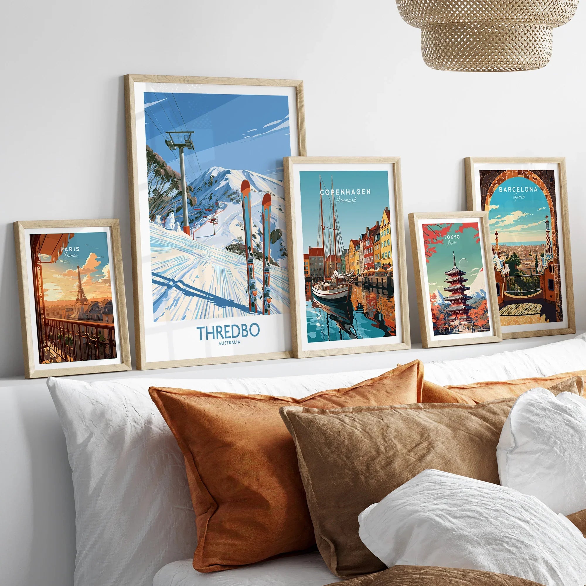 Thredbo Australia Mountains Wall Art — set five framed artprints above bed natural wood frames