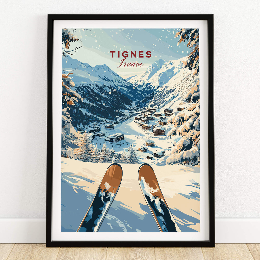 Tignes Travel Poster featuring snowy mountains and ski slopes, a perfect decor for winter sports enthusiasts.