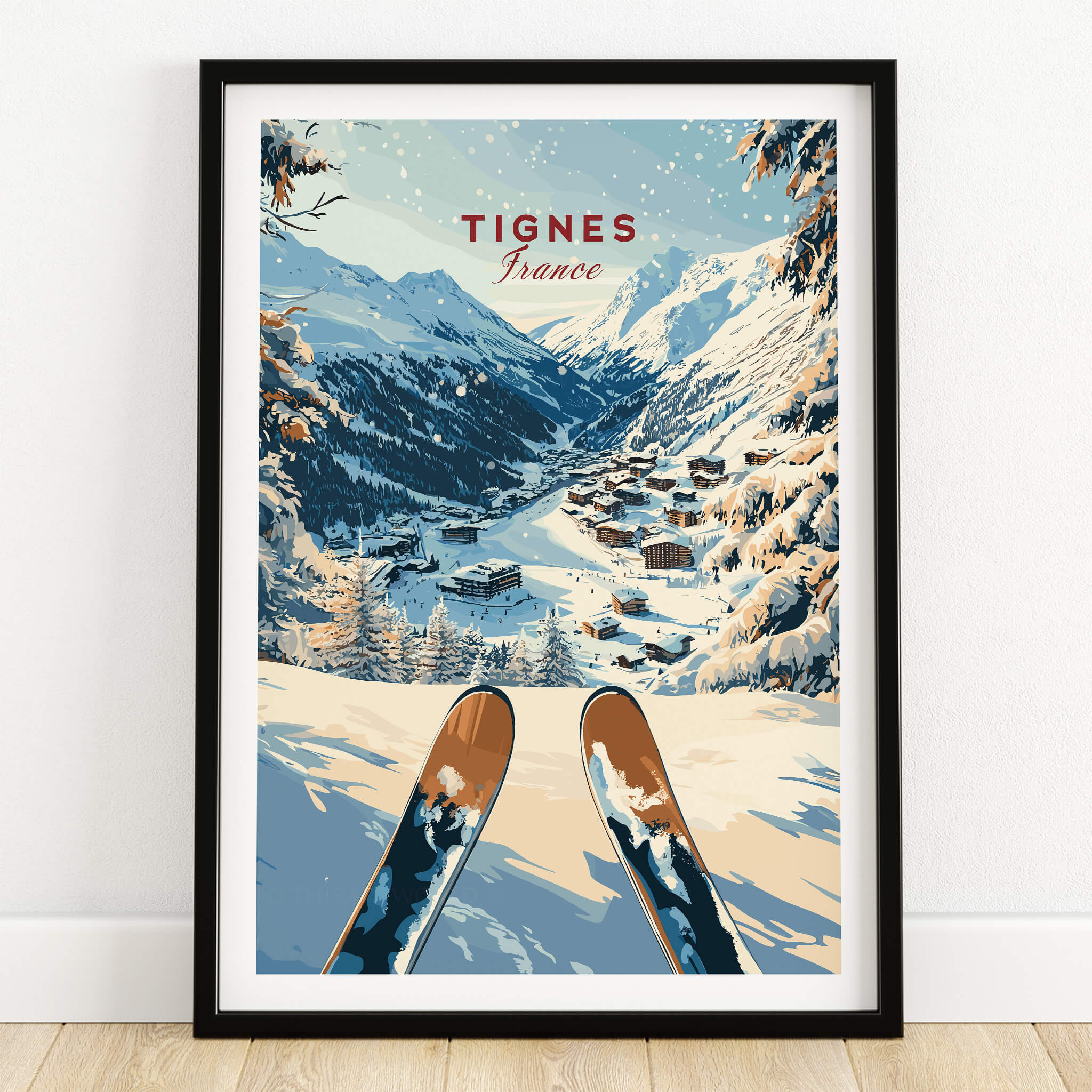 Tignes Travel Poster featuring snowy mountains and ski slopes, a perfect decor for winter sports enthusiasts.