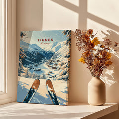 Tignes Travel Poster featuring snowy mountains and ski slopes, perfect for winter sports enthusiasts.