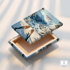Tignes Travel Poster design on a decorative box showcasing snowy mountains and ski slopes.