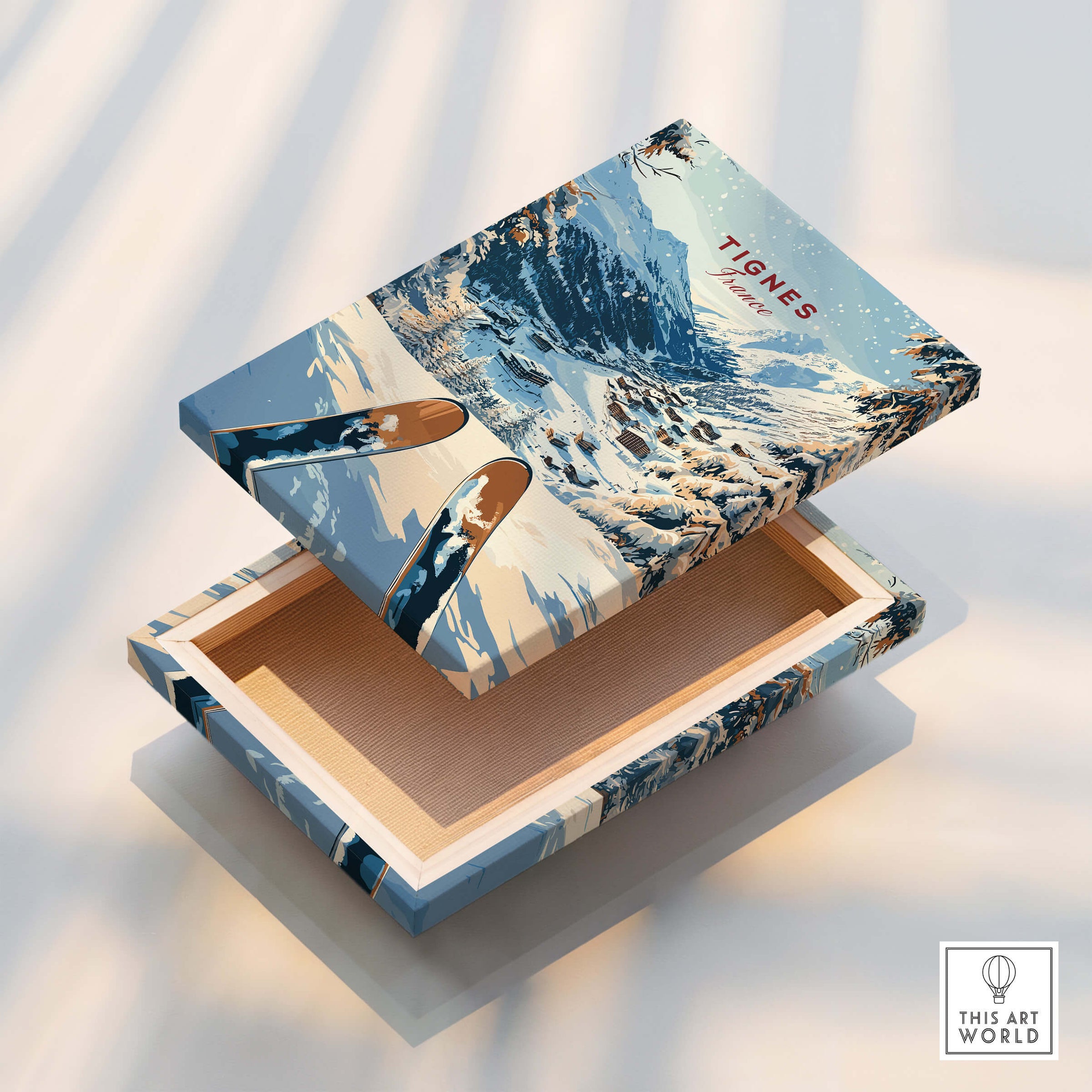 Tignes Travel Poster design on a decorative box showcasing snowy mountains and ski slopes.
