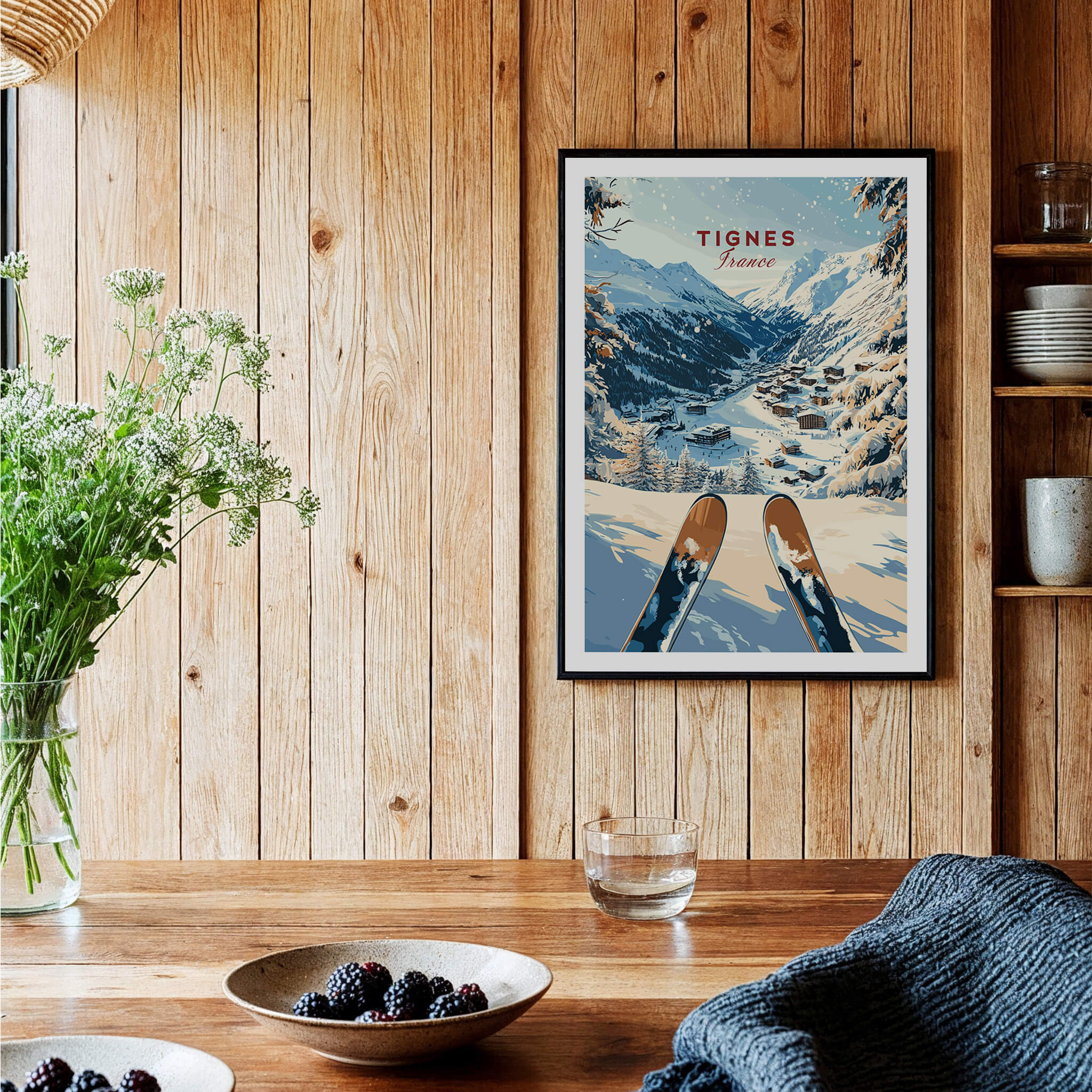 Tignes Travel Poster featuring scenic snowy mountains and skis, perfect for winter sports enthusiasts.