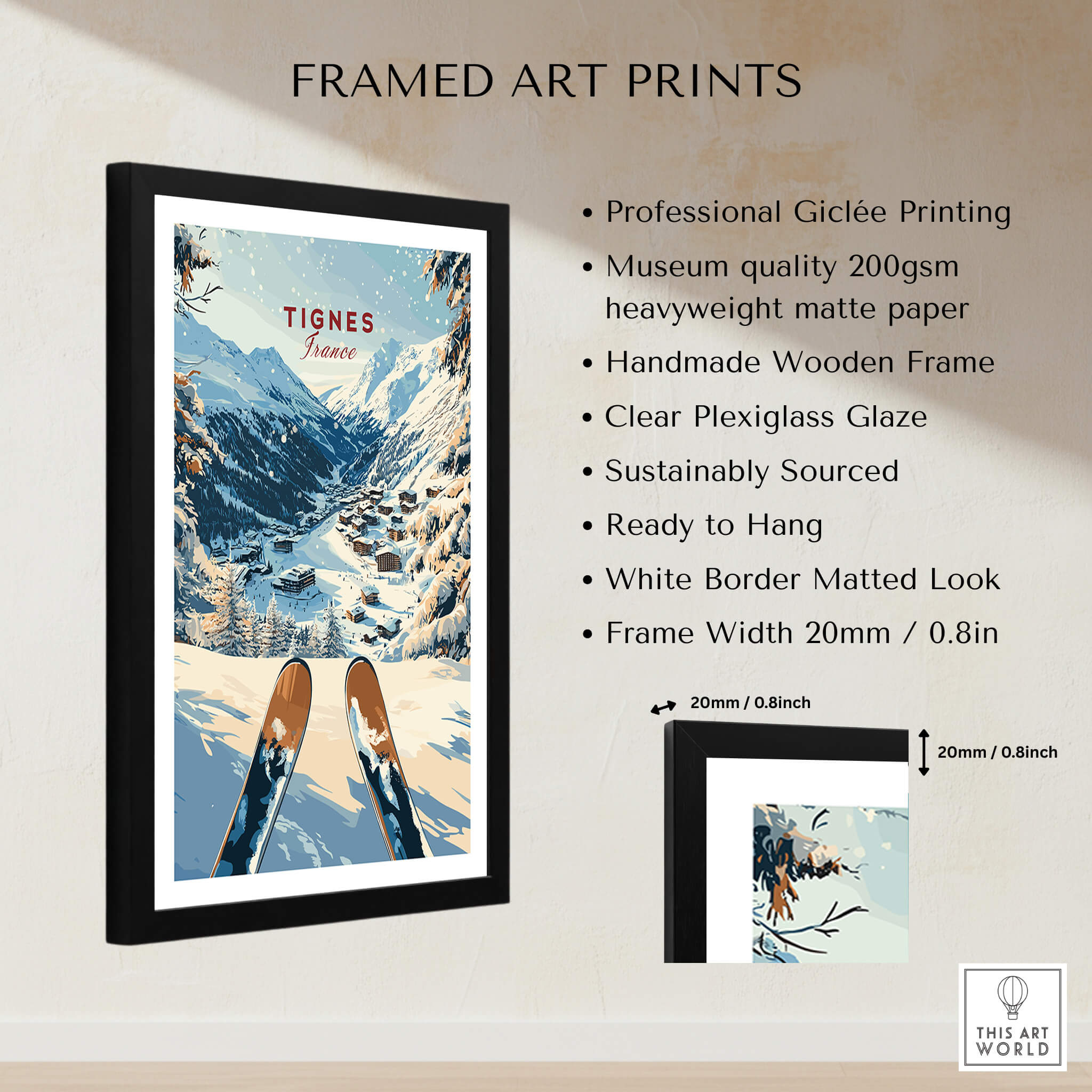 Tignes Travel Poster framed art print showcasing snowy mountain slopes, designed for winter sports enthusiasts.