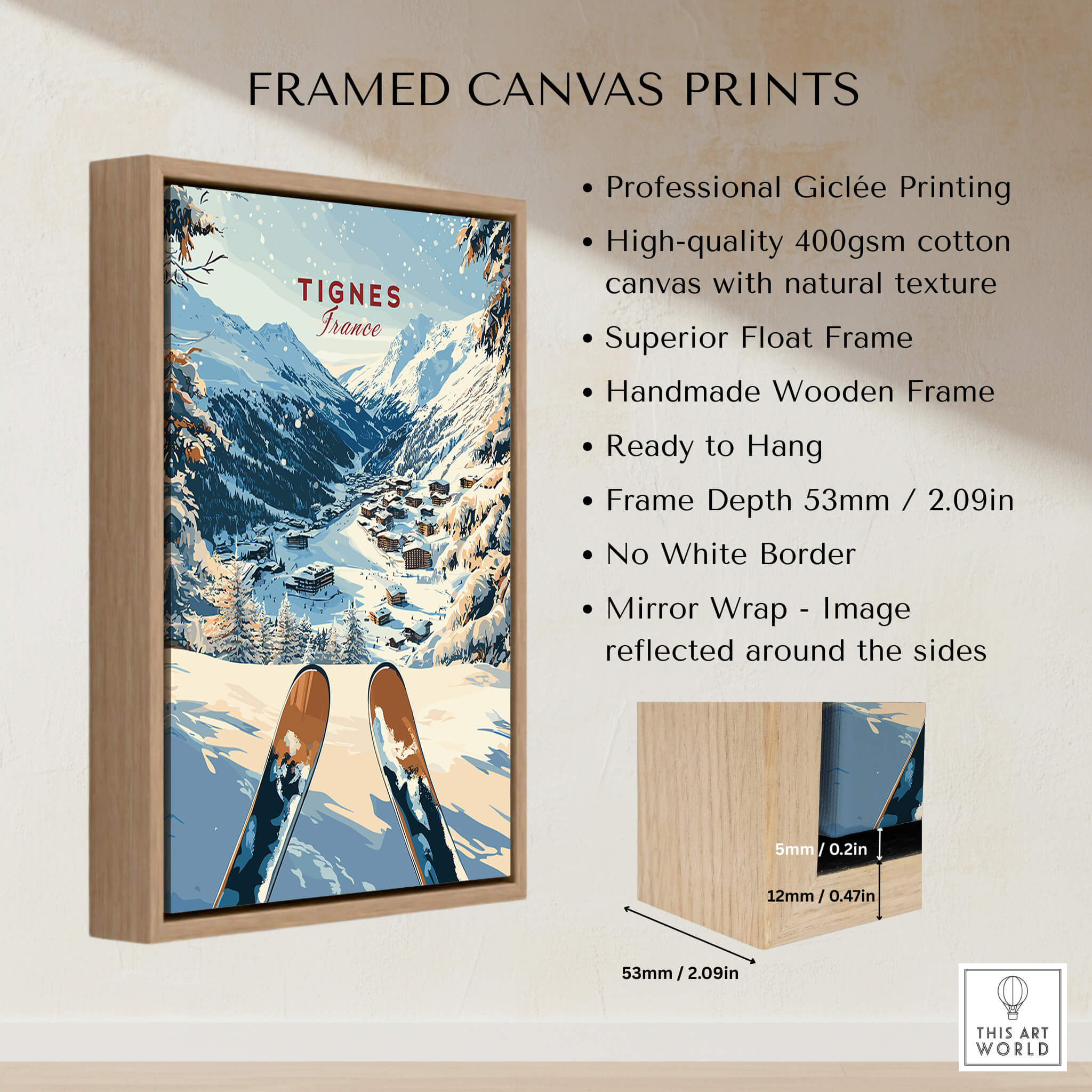 Tignes Travel Poster featuring snowy mountains and ski equipment in a framed canvas print design.