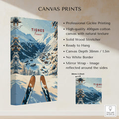 Tignes Travel Poster showcasing the ski slopes of Tignes, perfect for winter sports lovers and avid travelers.