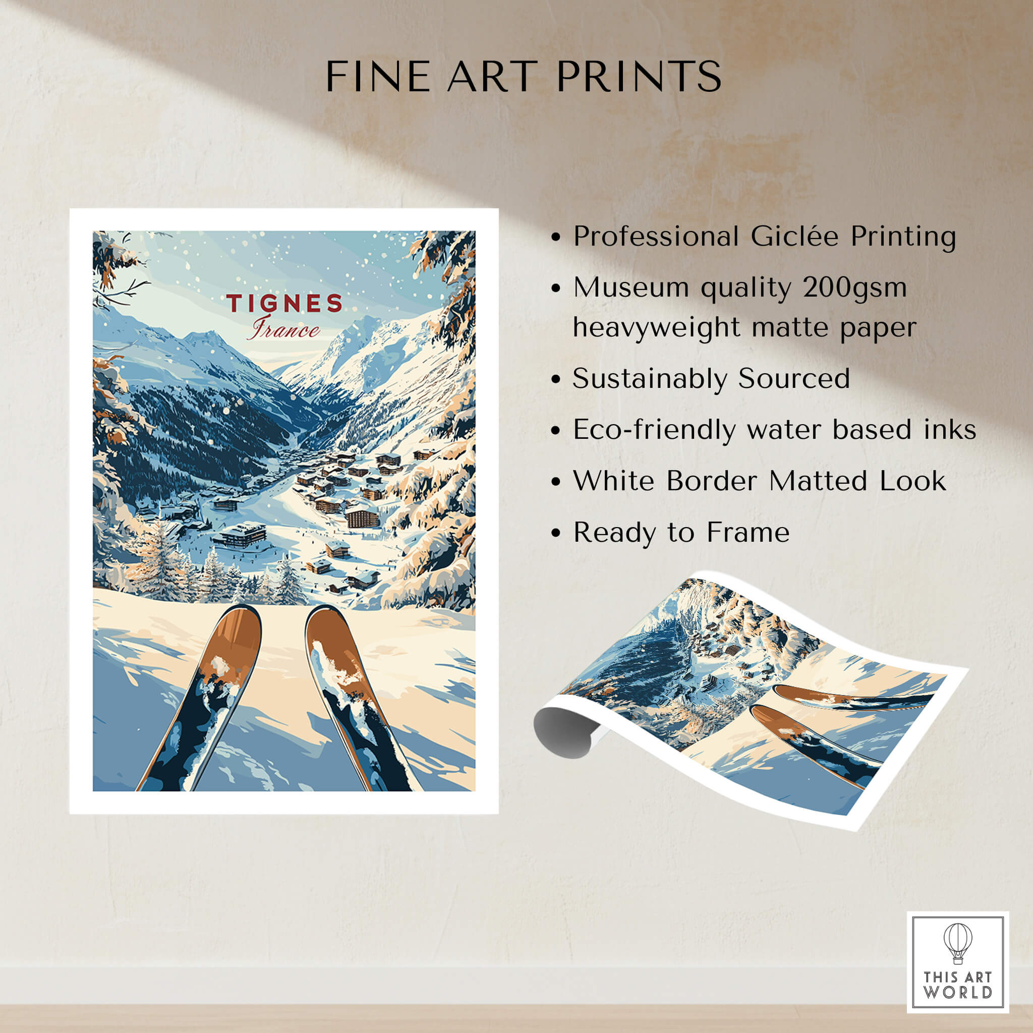 Tignes Travel Poster showcasing stunning snowy slopes and professional Giclée printing for any winter sports enthusiast.