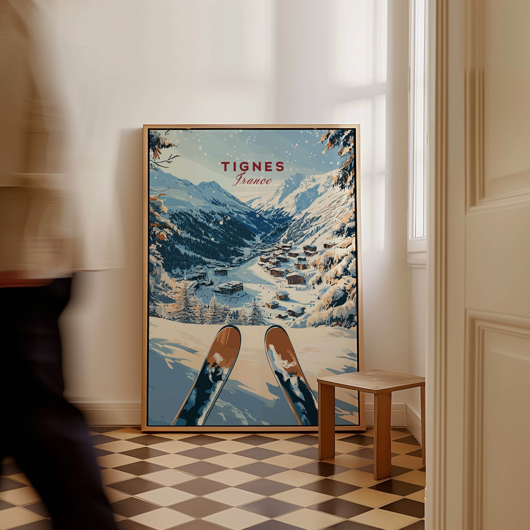 Tignes Travel Poster featuring ski slopes and snowy mountains of Tignes, France, in a cozy indoor setting.