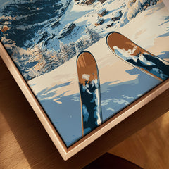 Tignes Travel Poster showcasing ski tips against a beautiful snowy mountain backdrop, perfect for winter sports enthusiasts.