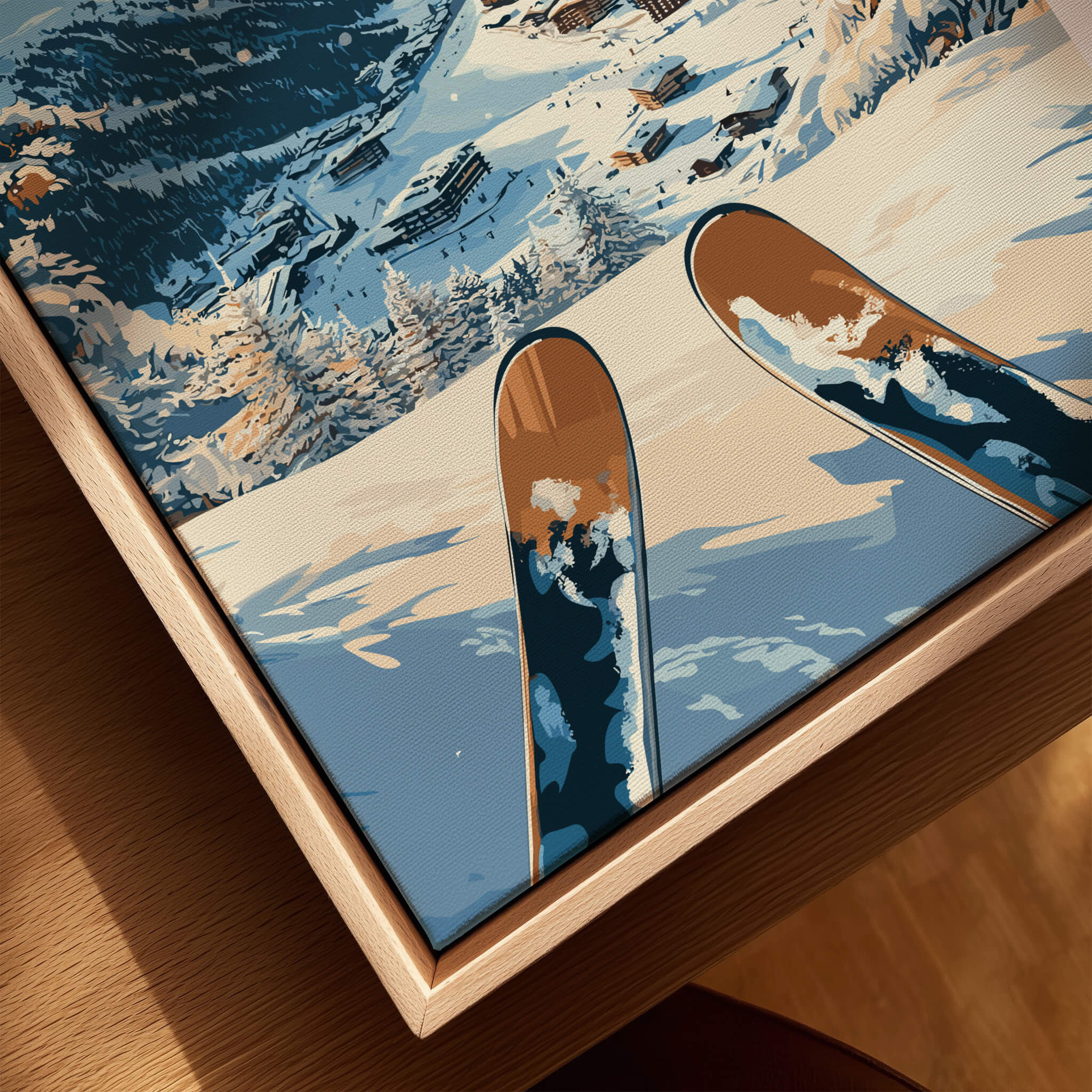 Tignes Travel Poster showcasing ski tips against a beautiful snowy mountain backdrop, perfect for winter sports enthusiasts.