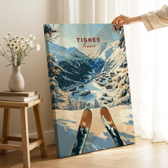 Tignes Travel Poster featuring a winter landscape with ski slopes and snowy mountains in Tignes, France.