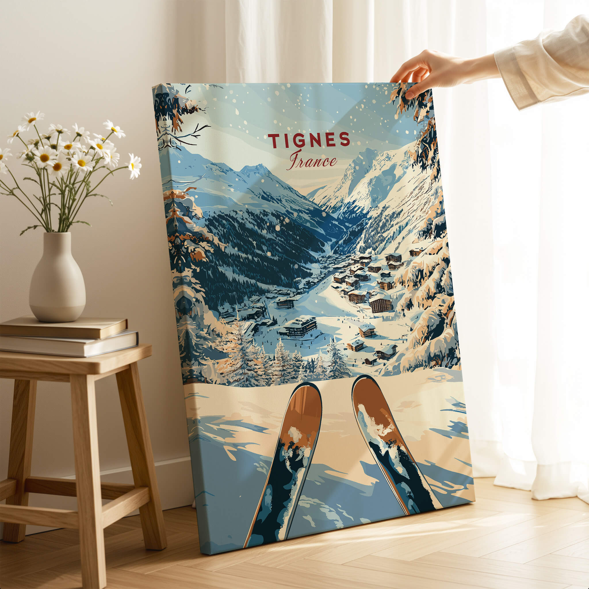 Tignes Travel Poster featuring a winter landscape with ski slopes and snowy mountains in Tignes, France.