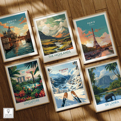 Collection of travel posters including Tignes Travel Poster, showcasing beautiful destinations like Venice and Paris.