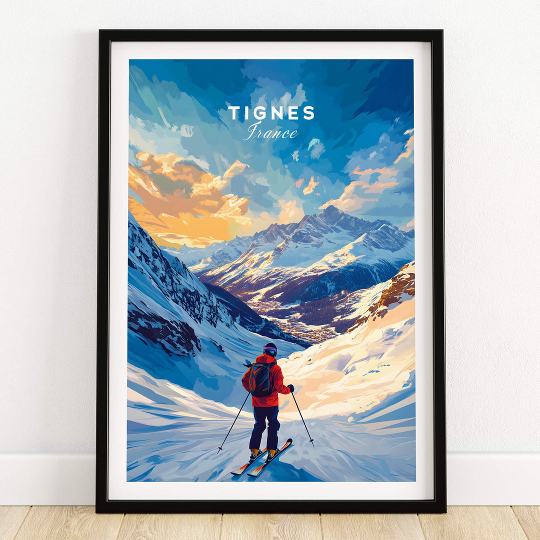 Tignes Ski Poster showcasing a skier in the stunning landscape of Tignes, France with mountains and bright skies.