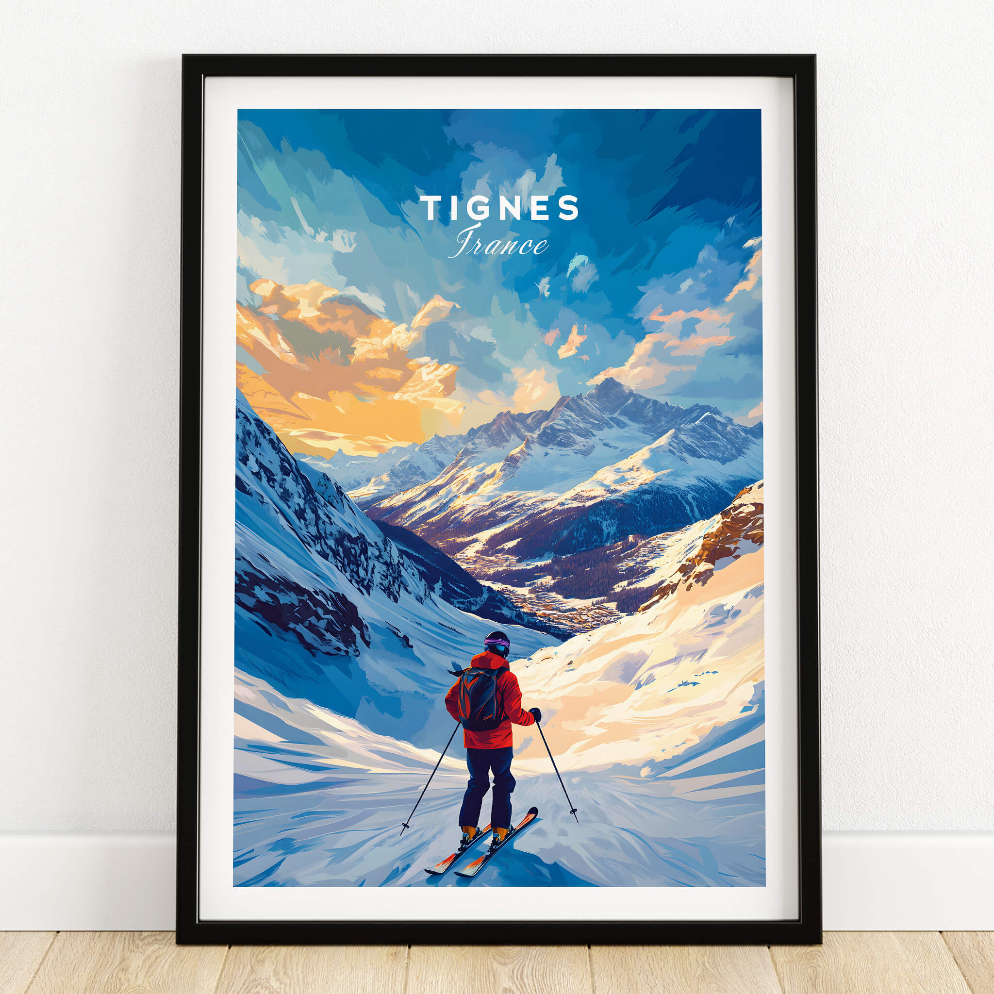 Tignes Ski Poster showcasing a skier in the stunning landscape of Tignes, France with mountains and bright skies.