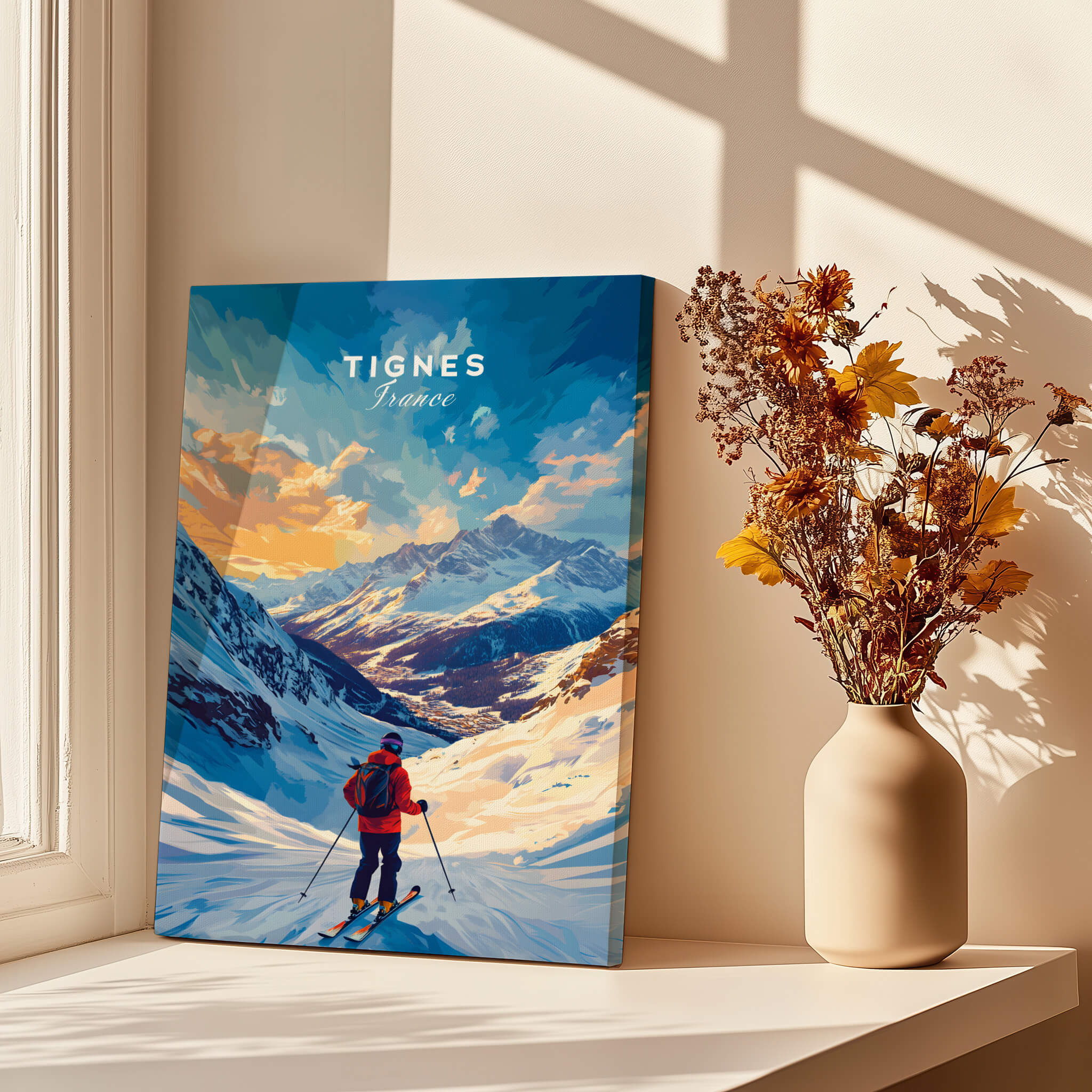 Tignes Ski Poster showcasing a skier against a stunning mountain backdrop, perfect for ski enthusiasts.